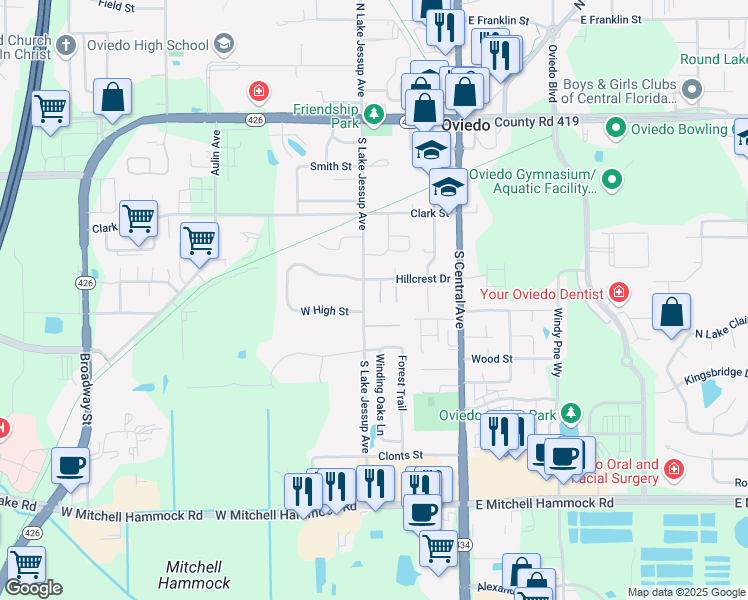 map of restaurants, bars, coffee shops, grocery stores, and more near 455 Madison Lane in Oviedo