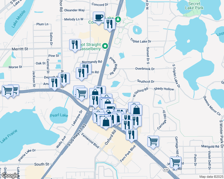 map of restaurants, bars, coffee shops, grocery stores, and more near 380 Conch Shell Lane in Casselberry
