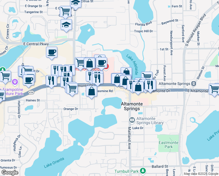 map of restaurants, bars, coffee shops, grocery stores, and more near 614 East Altamonte Drive in Altamonte Springs