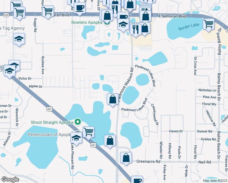 map of restaurants, bars, coffee shops, grocery stores, and more near 1100 Piedmont Oaks Drive in Apopka