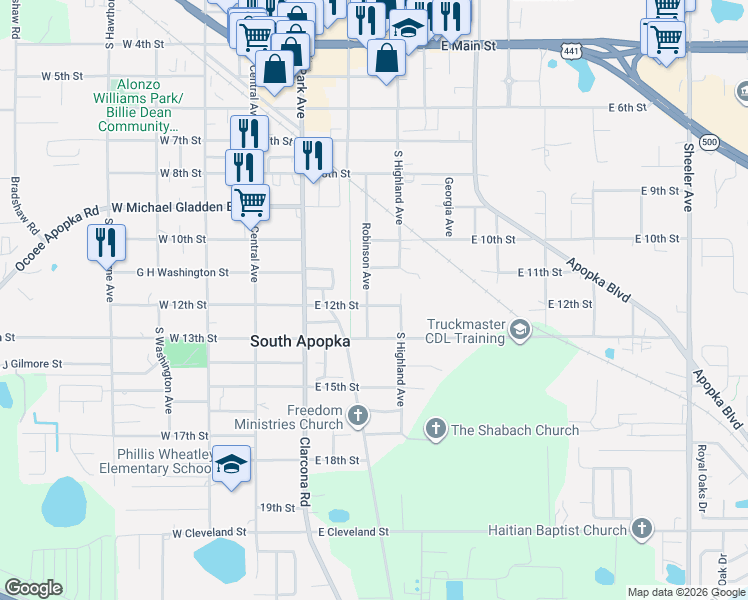map of restaurants, bars, coffee shops, grocery stores, and more near 209 East 12th Street in Apopka