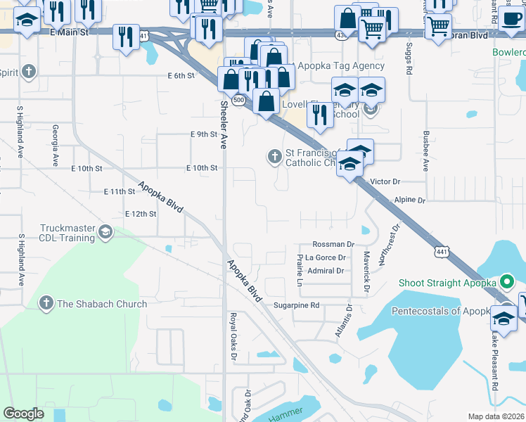 map of restaurants, bars, coffee shops, grocery stores, and more near 1238 East 10th Street in Apopka
