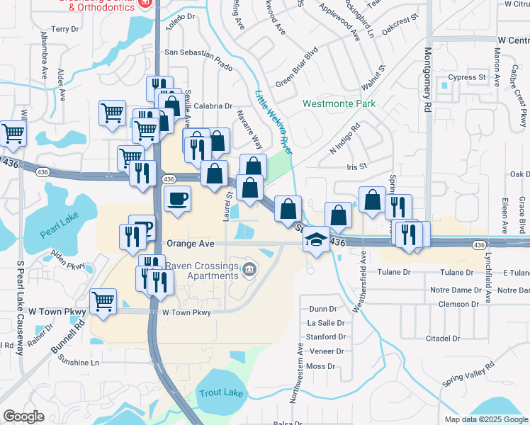 map of restaurants, bars, coffee shops, grocery stores, and more near 706 Florida 436 in Altamonte Springs