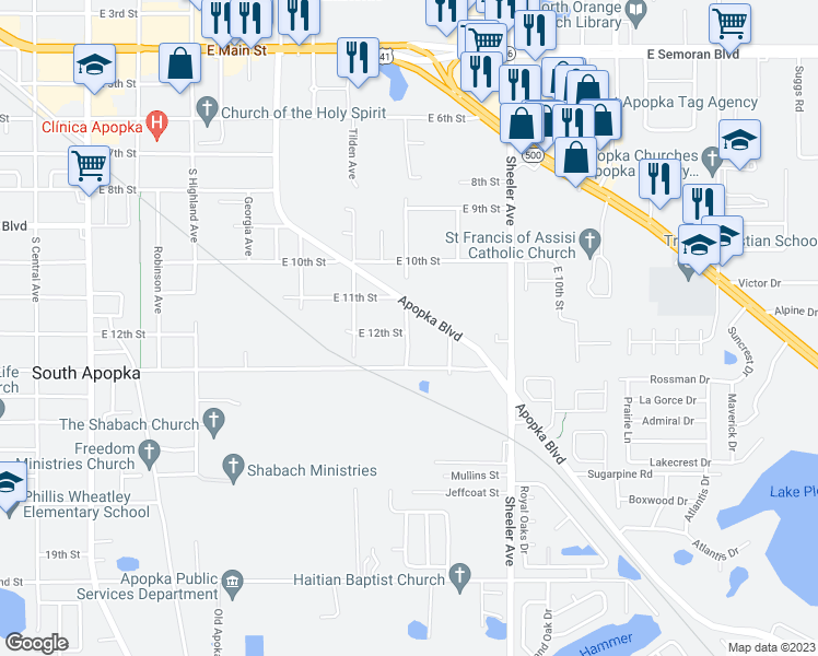 map of restaurants, bars, coffee shops, grocery stores, and more near 1116 Apopka Boulevard in Apopka