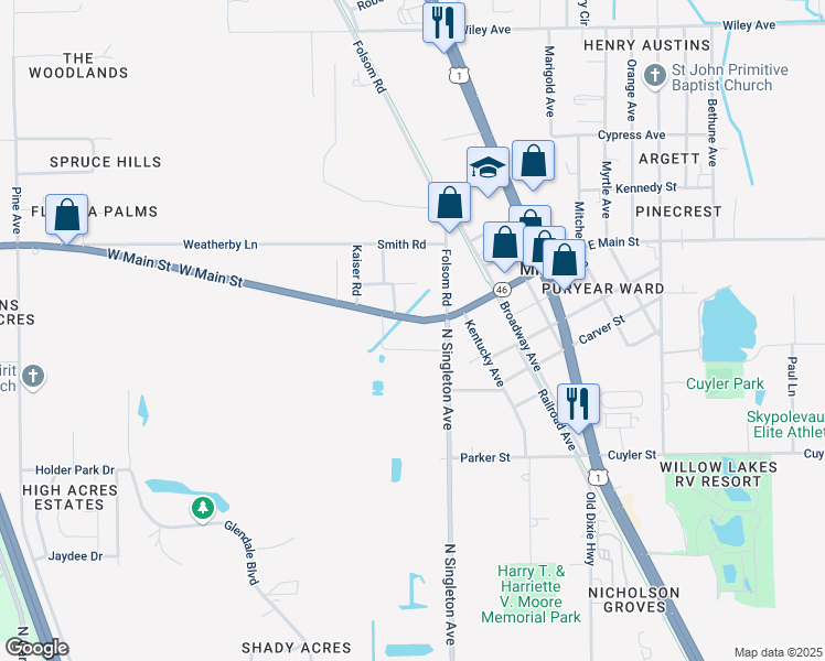 map of restaurants, bars, coffee shops, grocery stores, and more near 3427 West Main Street in Mims