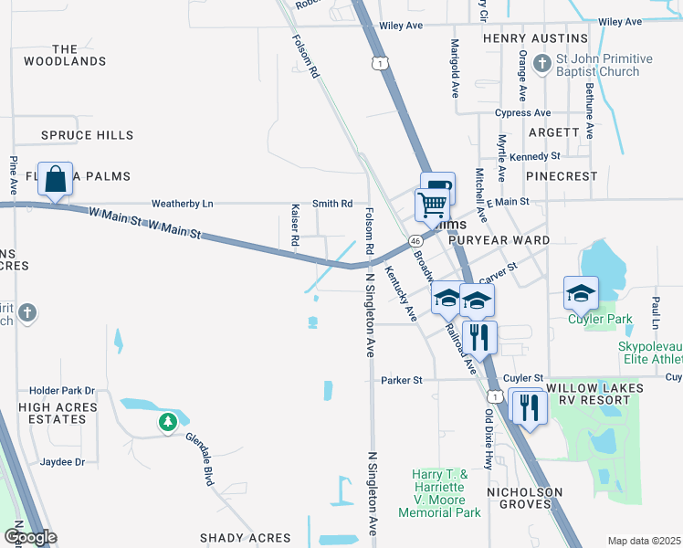 map of restaurants, bars, coffee shops, grocery stores, and more near 3427 West Main Street in Mims