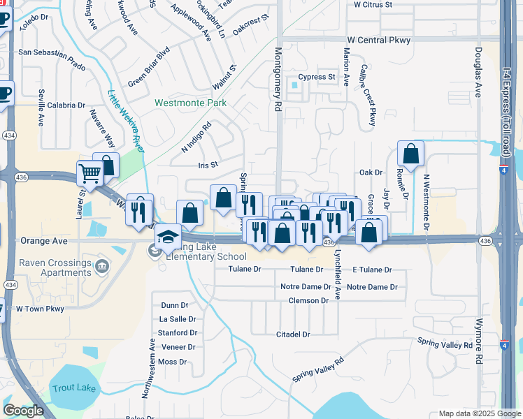 map of restaurants, bars, coffee shops, grocery stores, and more near 510 Derby Drive in Altamonte Springs