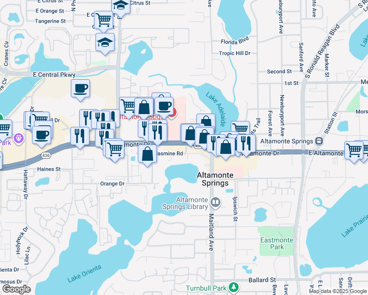 map of restaurants, bars, coffee shops, grocery stores, and more near 614 East Altamonte Drive in Altamonte Springs