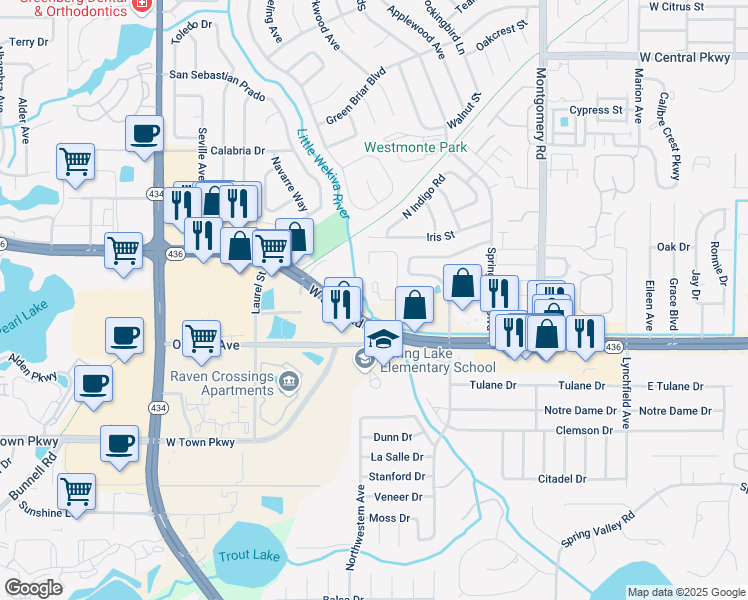 map of restaurants, bars, coffee shops, grocery stores, and more near 150 Waterfall Way in Altamonte Springs