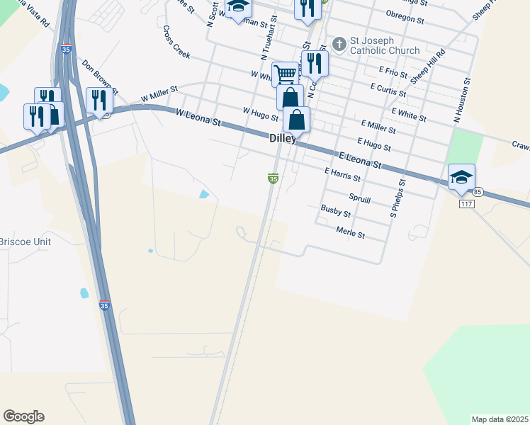 map of restaurants, bars, coffee shops, grocery stores, and more near 1070 North Bi Interstate 35 D in Dilley
