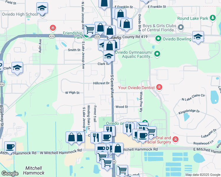 map of restaurants, bars, coffee shops, grocery stores, and more near 469 South Central Avenue in Oviedo