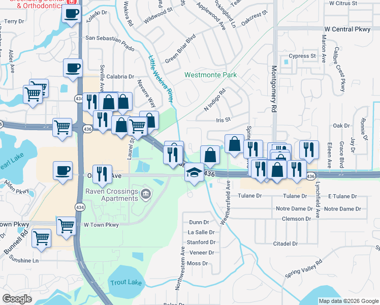map of restaurants, bars, coffee shops, grocery stores, and more near 150 Waterfall Way in Altamonte Springs