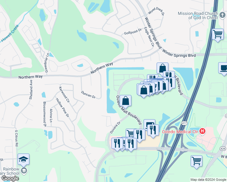 map of restaurants, bars, coffee shops, grocery stores, and more near 430 Reed Grass Drive in Oviedo