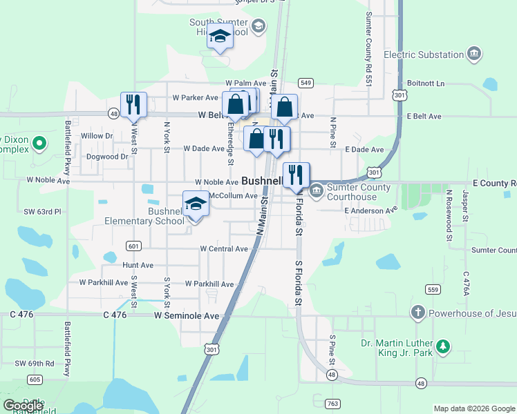 map of restaurants, bars, coffee shops, grocery stores, and more near 212 North Main Street in Bushnell