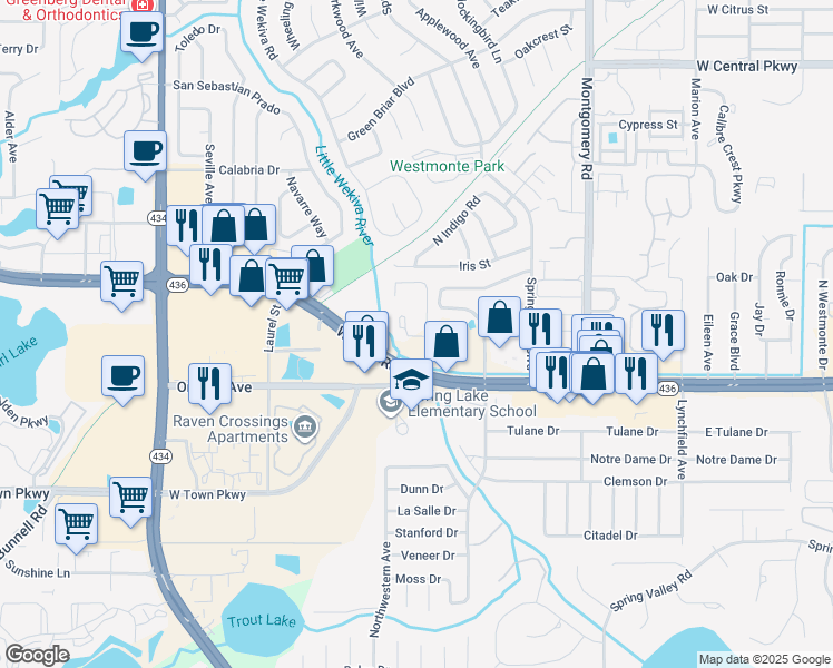 map of restaurants, bars, coffee shops, grocery stores, and more near 150 Waterfall Way in Altamonte Springs