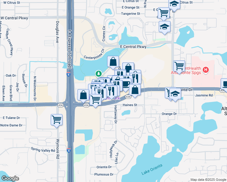 map of restaurants, bars, coffee shops, grocery stores, and more near 293 East Altamonte Drive in Altamonte Springs
