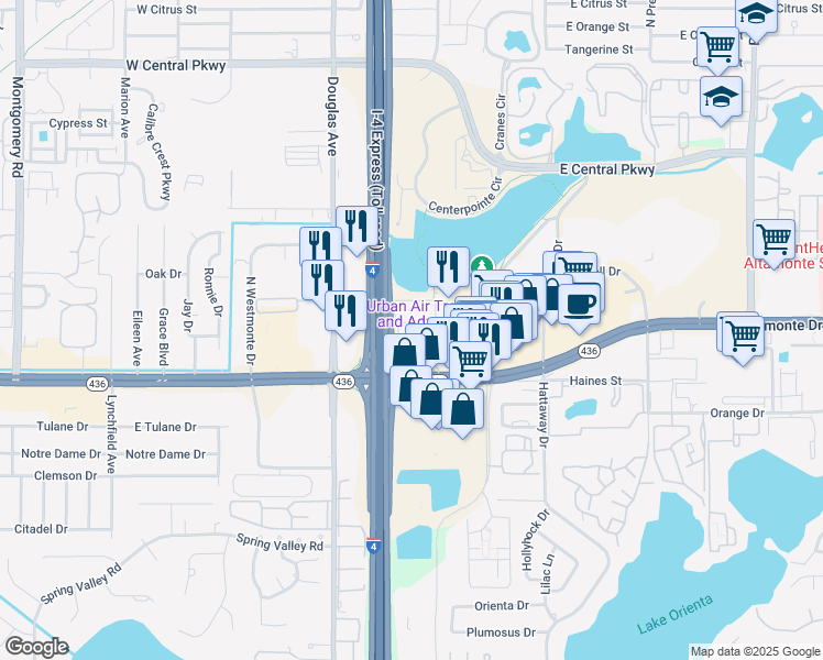 map of restaurants, bars, coffee shops, grocery stores, and more near 131 Water Front Way in Altamonte Springs