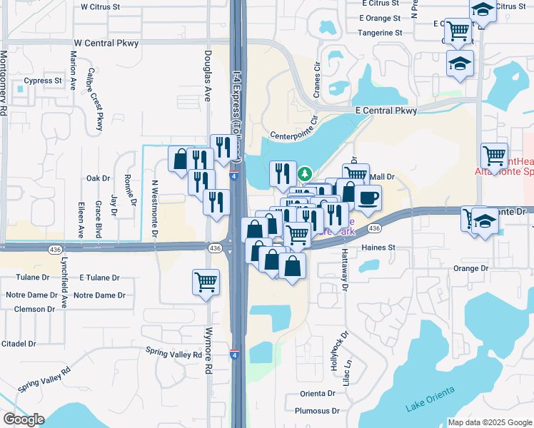 map of restaurants, bars, coffee shops, grocery stores, and more near 136 Blue Pointe Way in Altamonte Springs
