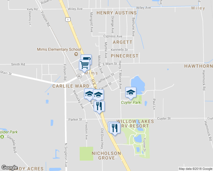 map of restaurants, bars, coffee shops, grocery stores, and more near 3009 Carver Street in Mims