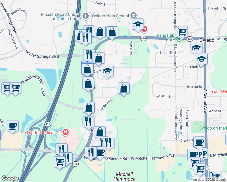 map of restaurants, bars, coffee shops, grocery stores, and more near 823 Douglas Avenue in Oviedo