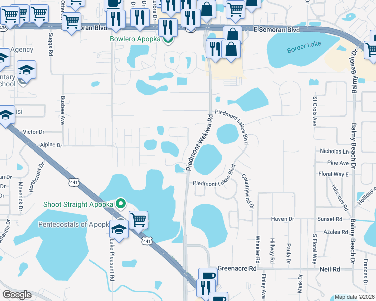 map of restaurants, bars, coffee shops, grocery stores, and more near 1081 Piedmont Oaks Drive in Apopka