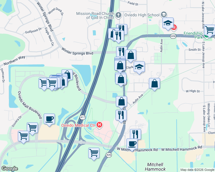 map of restaurants, bars, coffee shops, grocery stores, and more near 1150 Sugar Mill Road in Oviedo