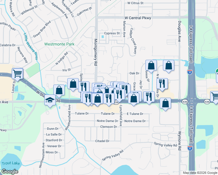 map of restaurants, bars, coffee shops, grocery stores, and more near 162 Olive Tree Circle in Altamonte Springs