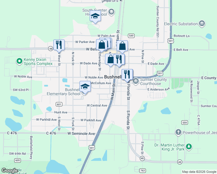 map of restaurants, bars, coffee shops, grocery stores, and more near 212 North Main Street in Bushnell