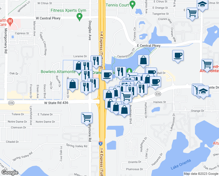 map of restaurants, bars, coffee shops, grocery stores, and more near 131 Water Front Way in Altamonte Springs