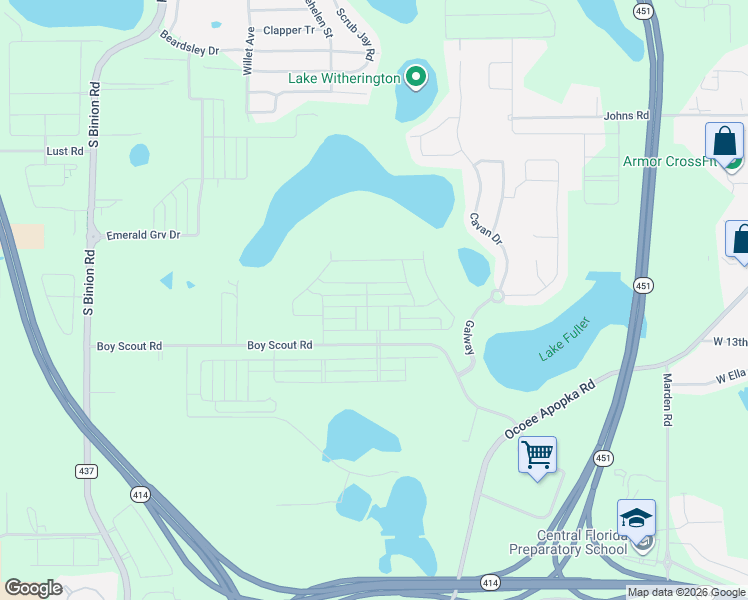 map of restaurants, bars, coffee shops, grocery stores, and more near 1879 Boy Scout Road in Apopka