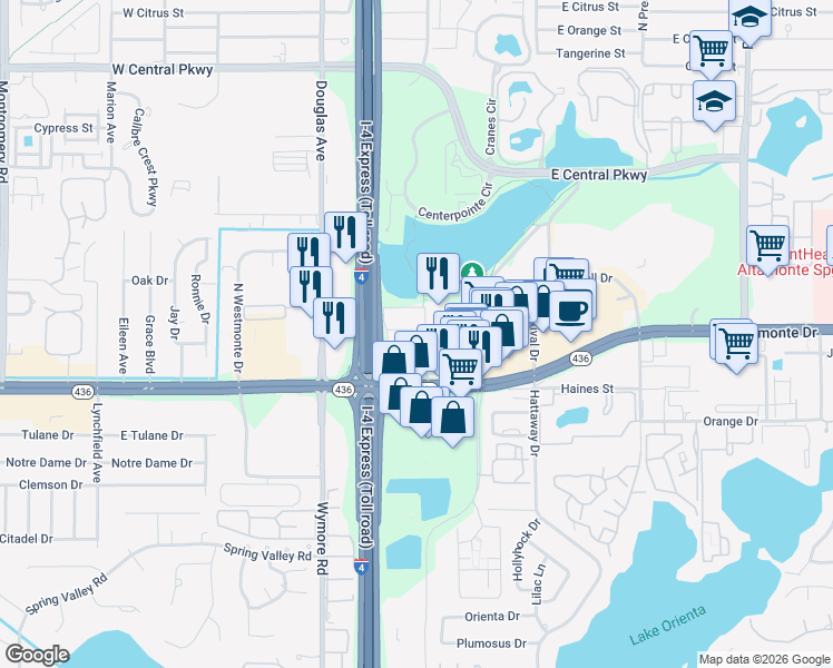 map of restaurants, bars, coffee shops, grocery stores, and more near 131 Water Front Way in Altamonte Springs