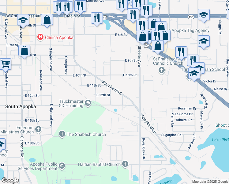 map of restaurants, bars, coffee shops, grocery stores, and more near 1116 Apopka Boulevard in Apopka