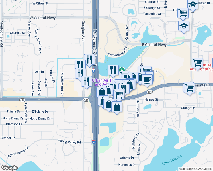 map of restaurants, bars, coffee shops, grocery stores, and more near 131 Water Front Way in Altamonte Springs