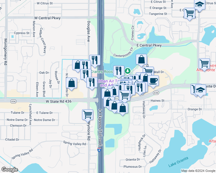 map of restaurants, bars, coffee shops, grocery stores, and more near 131 Water Front Way in Altamonte Springs