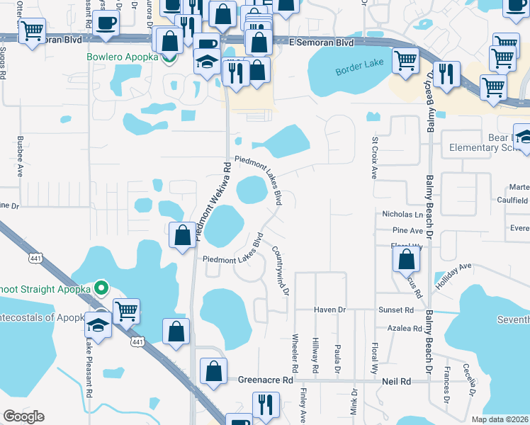 map of restaurants, bars, coffee shops, grocery stores, and more near 1139 Piedmont Lakes Boulevard in Apopka