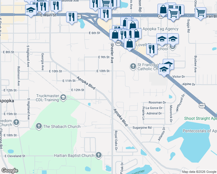 map of restaurants, bars, coffee shops, grocery stores, and more near 834 Wayne Court in Apopka
