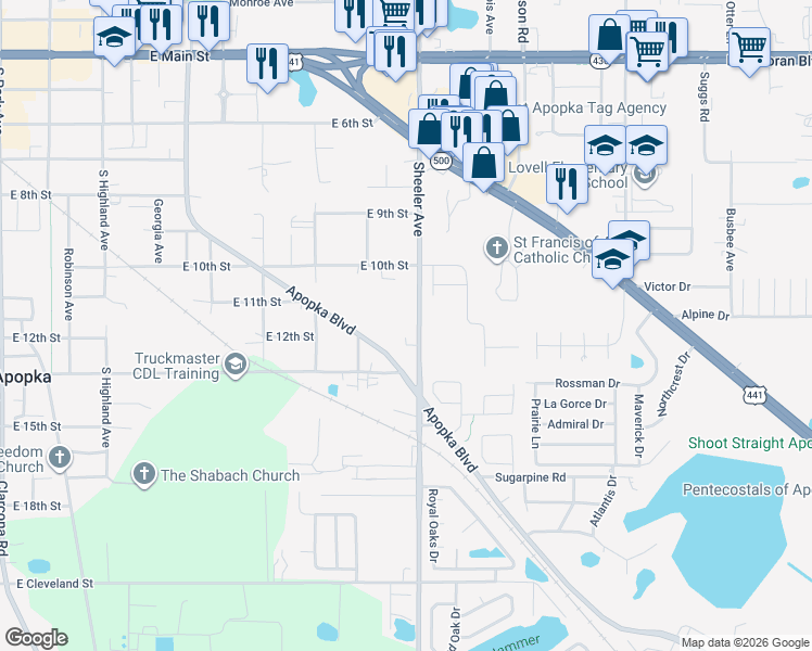 map of restaurants, bars, coffee shops, grocery stores, and more near 834 Wayne Court in Apopka