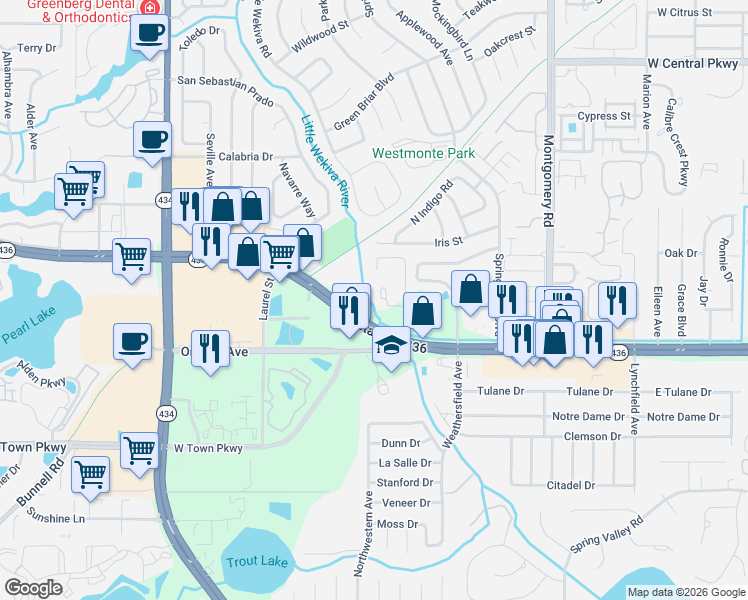 map of restaurants, bars, coffee shops, grocery stores, and more near 162 Waterfall Way in Altamonte Springs