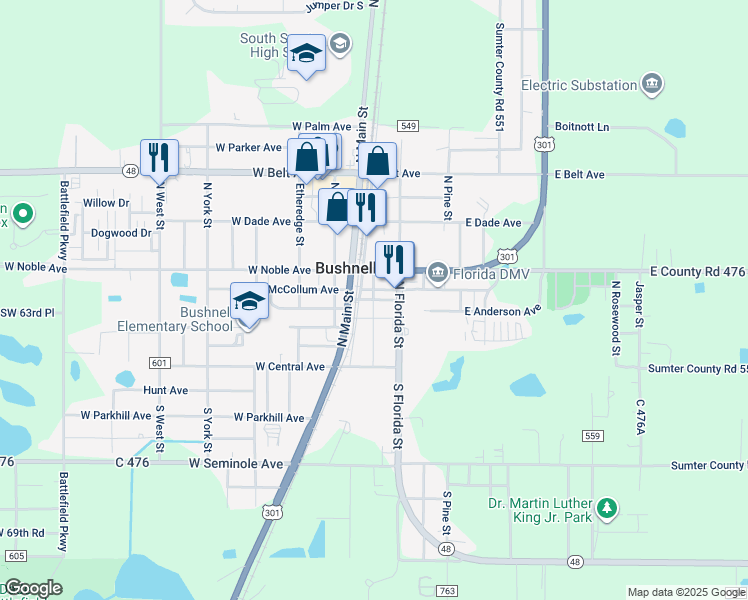map of restaurants, bars, coffee shops, grocery stores, and more near Bushnell Plaza in Bushnell