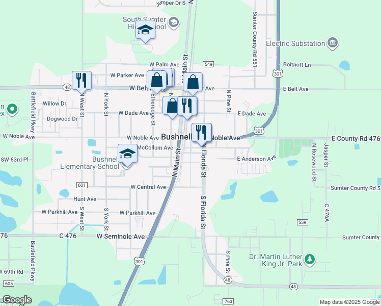 map of restaurants, bars, coffee shops, grocery stores, and more near Bushnell Plaza in Bushnell