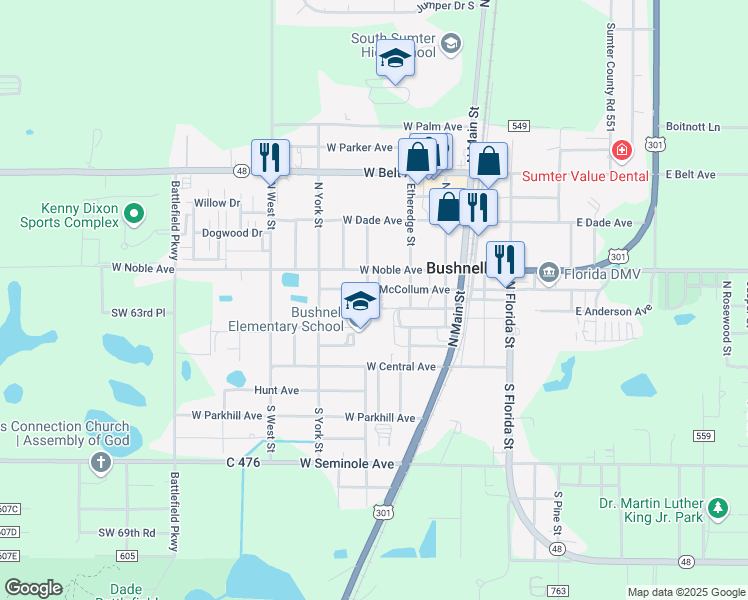 map of restaurants, bars, coffee shops, grocery stores, and more near 301 West McCollum Avenue in Bushnell