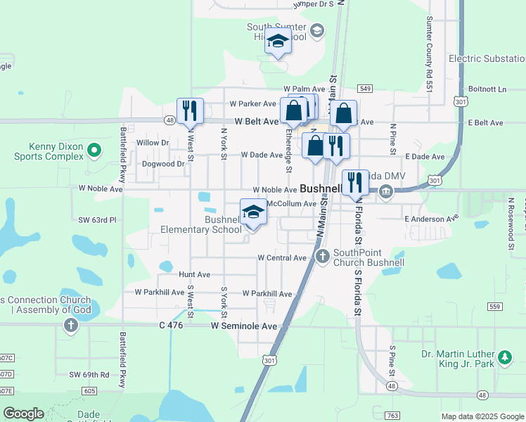 map of restaurants, bars, coffee shops, grocery stores, and more near 301 West McCollum Avenue in Bushnell