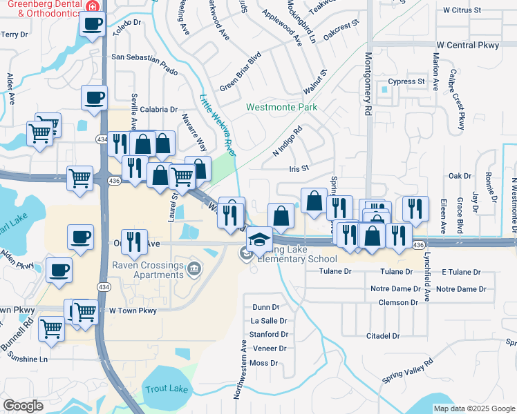 map of restaurants, bars, coffee shops, grocery stores, and more near 150 Waterfall Way in Altamonte Springs