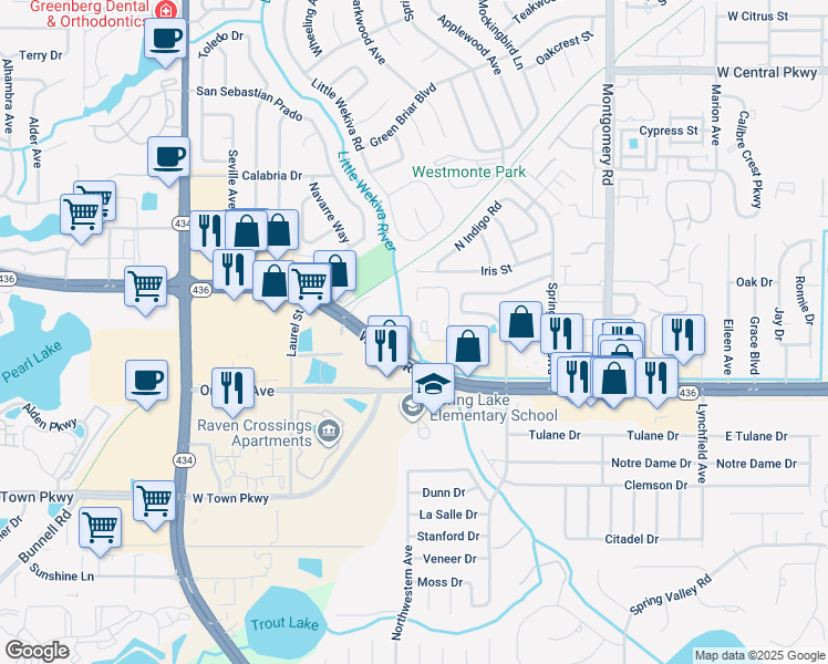 map of restaurants, bars, coffee shops, grocery stores, and more near 150 Waterfall Way in Altamonte Springs