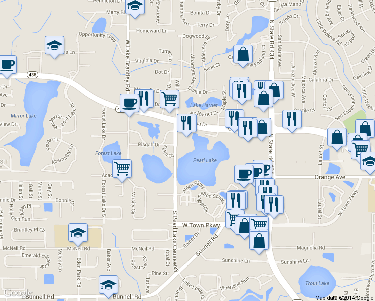 map of restaurants, bars, coffee shops, grocery stores, and more near 155 North Pearl Lake Causeway in Altamonte Springs