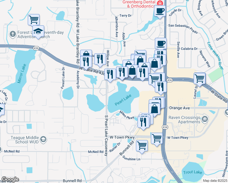 map of restaurants, bars, coffee shops, grocery stores, and more near 155 North Pearl Lake Causeway in Altamonte Springs