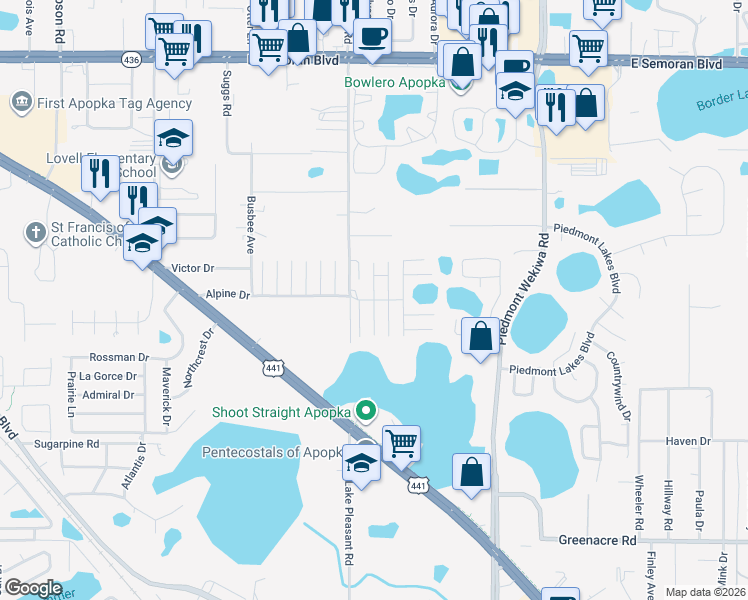 map of restaurants, bars, coffee shops, grocery stores, and more near 1099 High Meadow Rd in Apopka