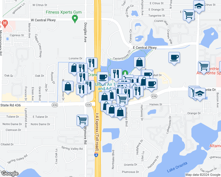 map of restaurants, bars, coffee shops, grocery stores, and more near 131 Water Front Way in Altamonte Springs