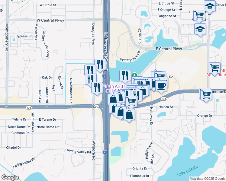 map of restaurants, bars, coffee shops, grocery stores, and more near 131 Water Front Way in Altamonte Springs