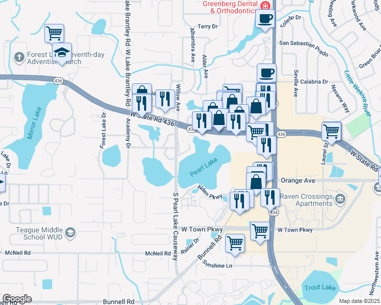map of restaurants, bars, coffee shops, grocery stores, and more near 155 North Pearl Lake Causeway in Altamonte Springs